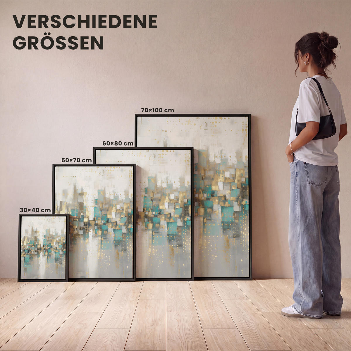 LEINWAND Bilder mit Rahmen - Abstrakt - Blöcke - Gold - Skyline - 60x80 - Beige, Textil (60/80cm) - MuchoWow