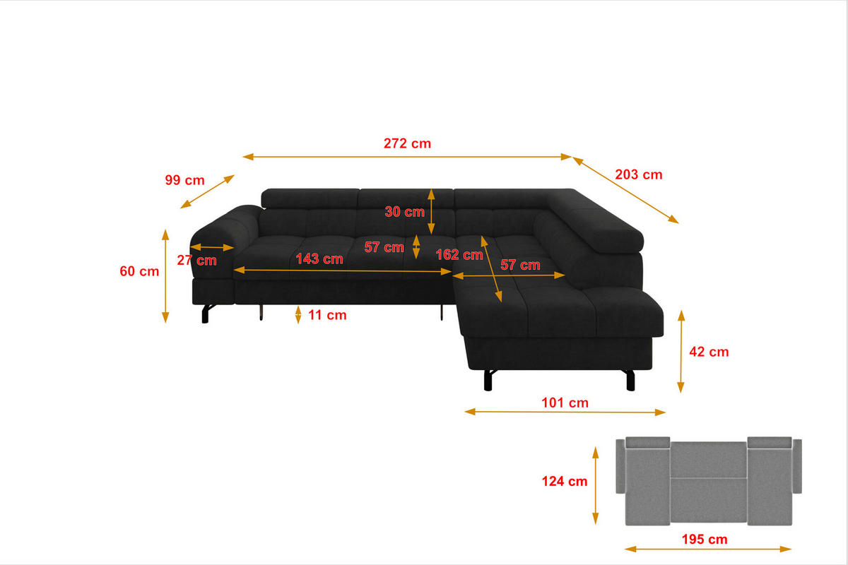 ECKSOFA mit Schlaffunktion Ottomane Rechts LUMA-L 272x203x70 Schwarz Velours - Schwarz, Holzwerkstoff/Kunststoff (203/272cm) - ALTDECOR