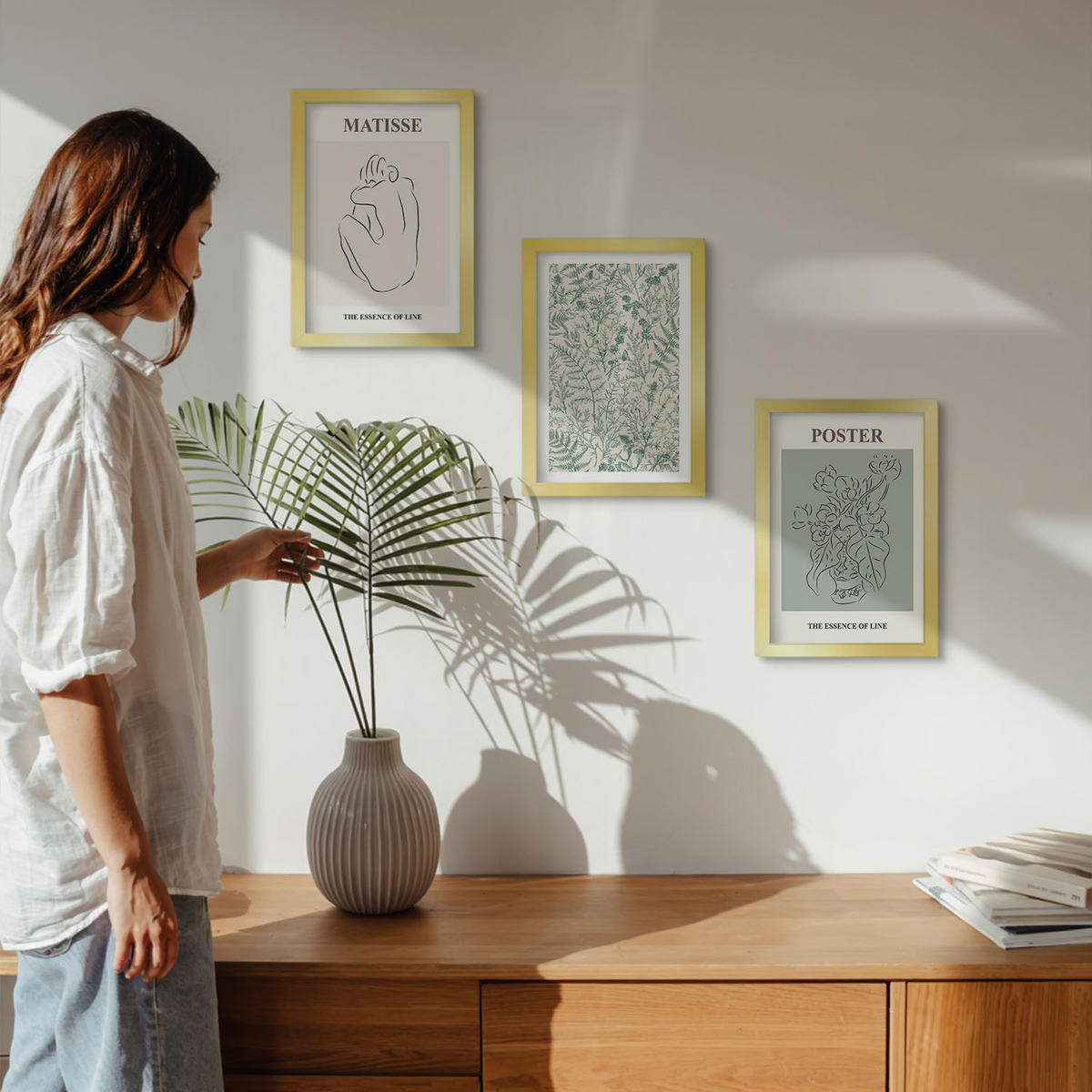 BILDER SET 3er Set - 20x30 cm Goldrahmen - Linien, Pflanzenmuster, Minimalismus - Goldfarben, Kunststoff (20/30cm) - TULUP