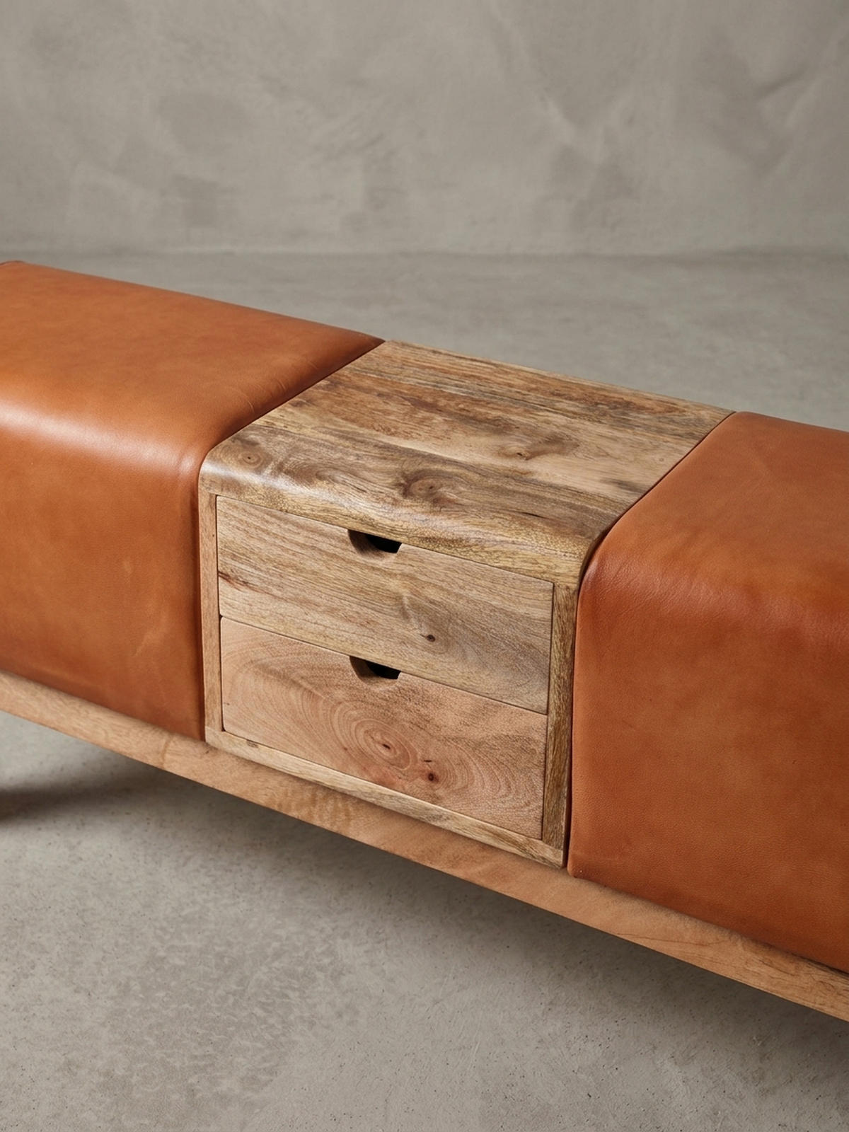 SITZBANK Massivholz Stoffbezug mit 2 Schubladen, Braun 120x30x56 cm - Braun, Mangoholz/Leder (120/56/30cm) - KADIMA DESIGN