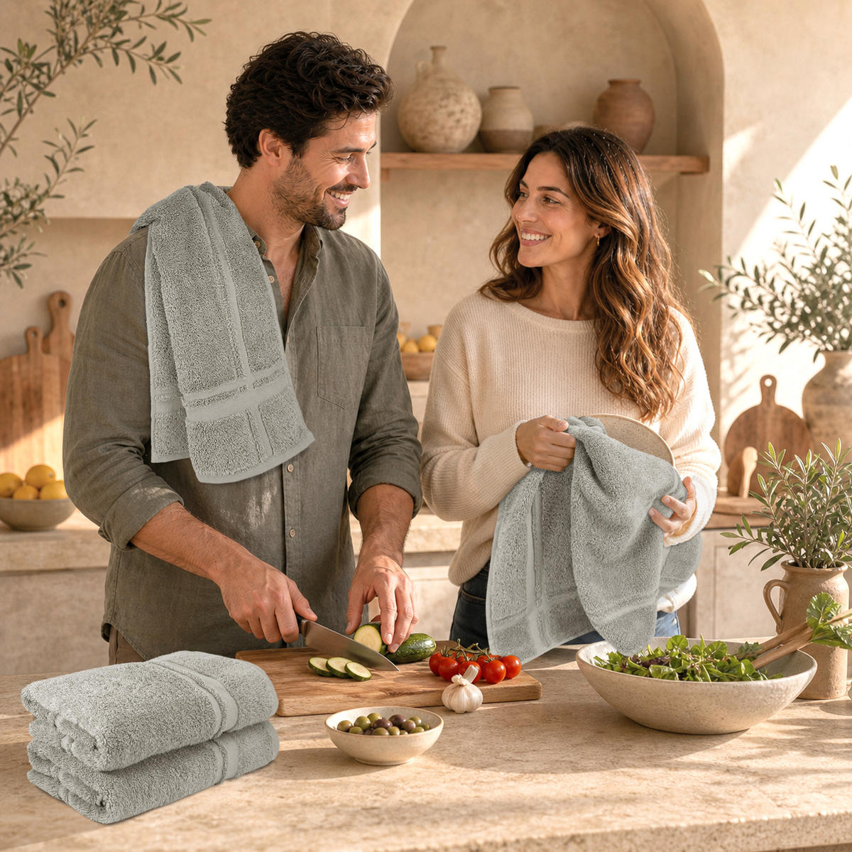 FROTTEE Küchenhandtücher 50x50 cm, 4er Set, Kiesel Grau - Sandfarben, Textil (50/50cm) - Lashuma