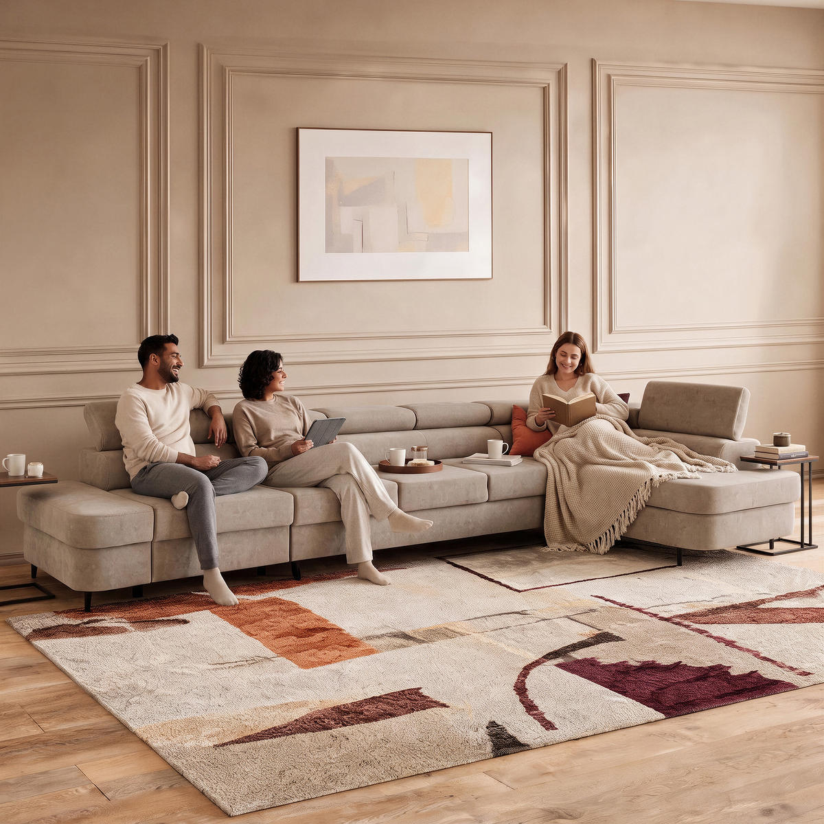 ECKSOFA PRIAM XXL L-Form Rechts mit Schlaffunktion 125x265 Velours Creme - Creme/Schwarz, Holz/Textil (420/203cm) - Muffo