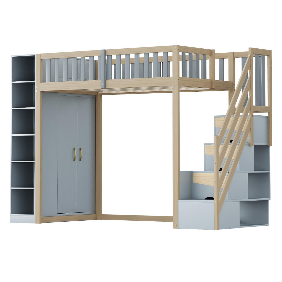 HOCHBETT Grau & Naturfarben 90×200 cm aus Holz mit Regalen, Stauschrank, großem Kleiderschrank und Stauraum-Sicherheitsleiter - Naturfarben, Holz (90/200cm) - Luhomfu