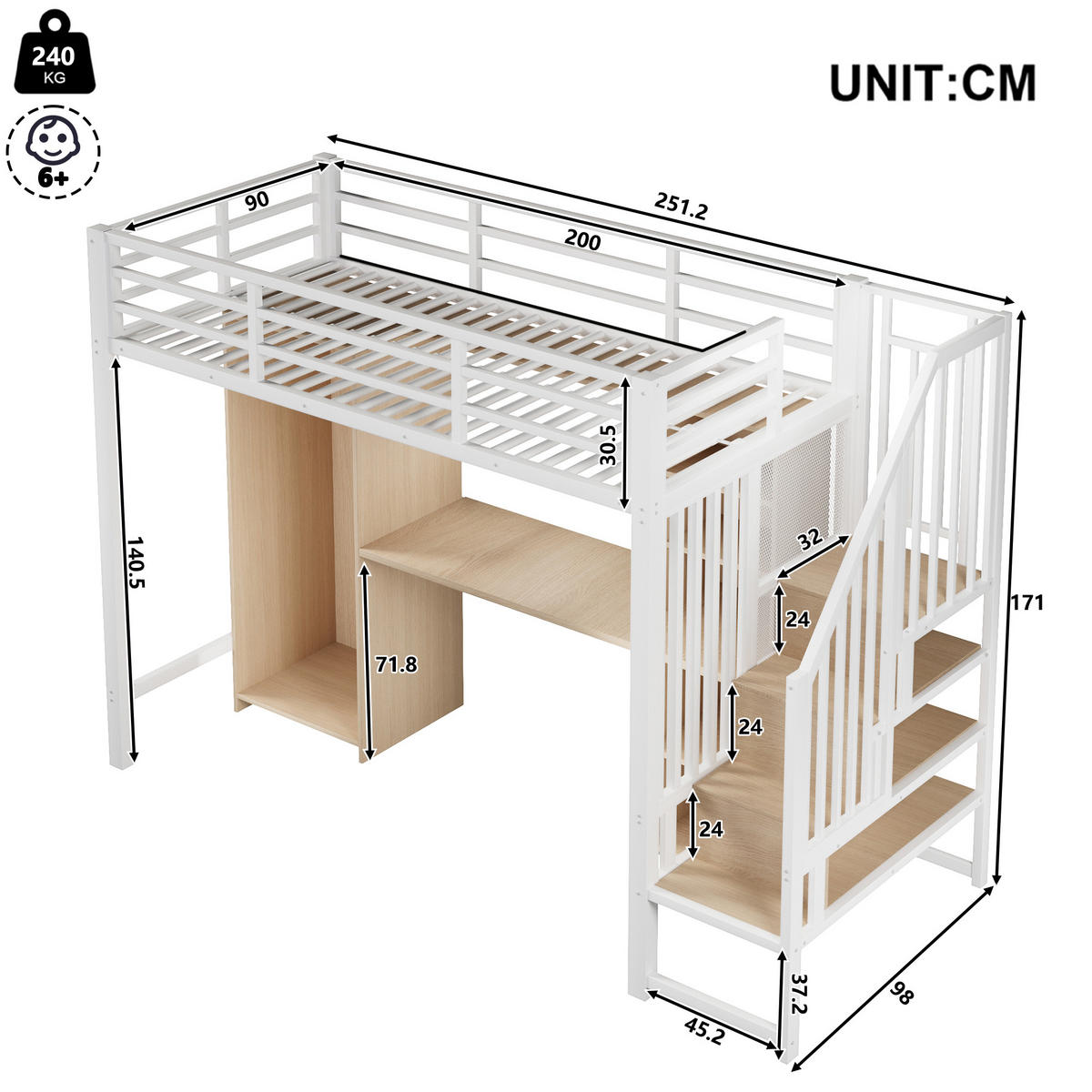 HOCHBETT 90/200 cm in Weiß mit Kleiderschrank, Schreibtisch und Stauraum - Weiß, Holzwerkstoff/Metall (90/200cm) - STILVORA