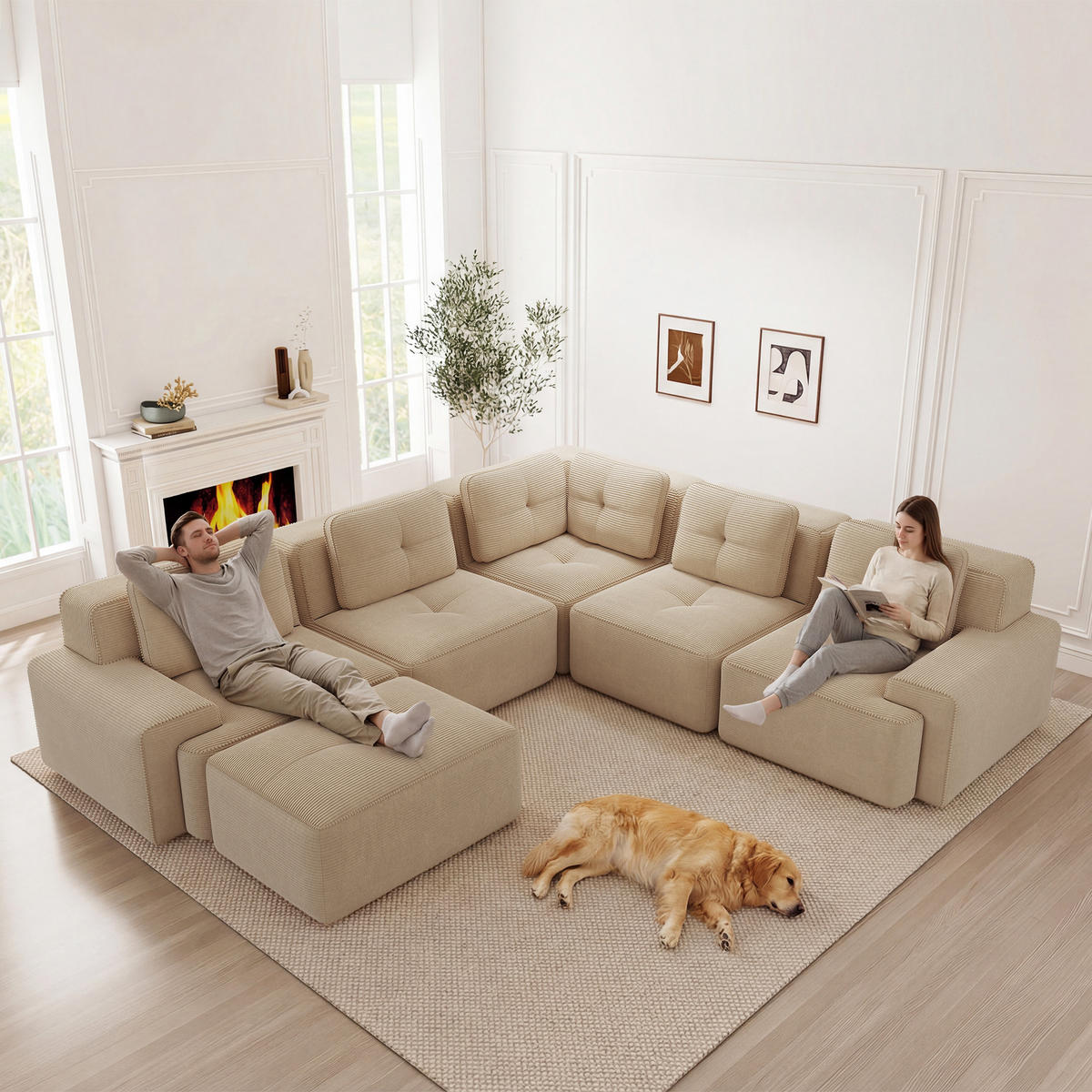 WOHNLANDSCHAFT Beige 297/177/69 cm 3-Sitzer Modular mit Hocker - Beige, Textil (297/69/177cm) - PANGIVO