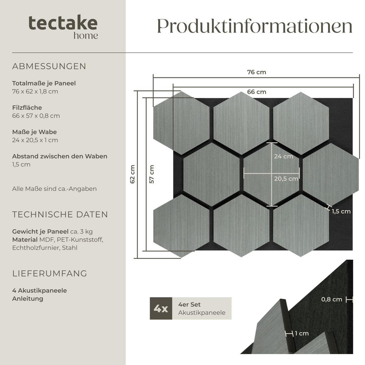 AKUSTIKPANEELE Sonic Shield, je 76 x 62 x 1,8 cm, Größe flexibel anpassbar, Eiche hellgrau - Eichefarben/Hellgrau, Holz (62/1.8/76cm) - tectake