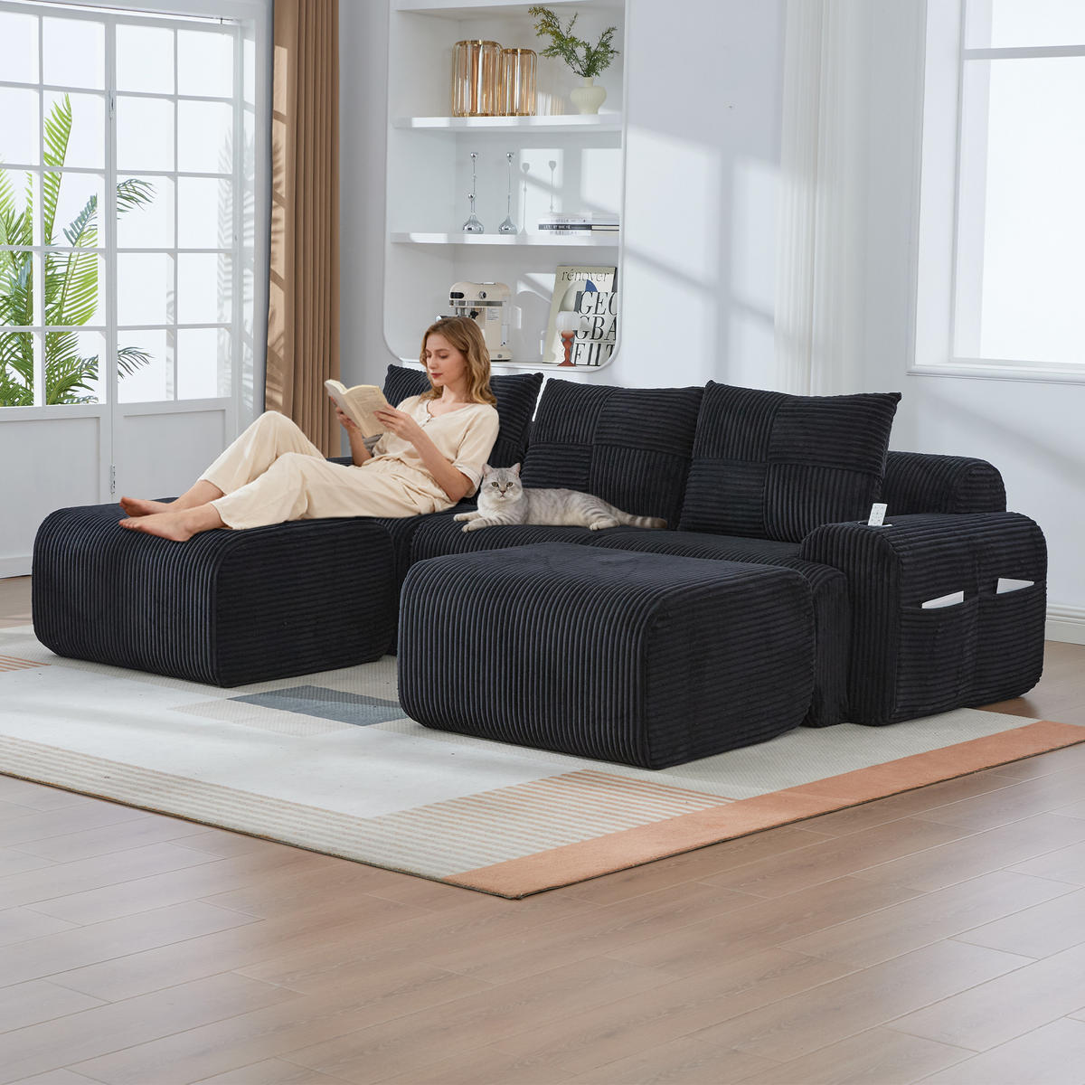 3-SITZER-SOFA aus Cord 268x174x80 cm mit Cupholder & Seitentasche, schwarz - Schwarz, Textil (174/80/268cm)
