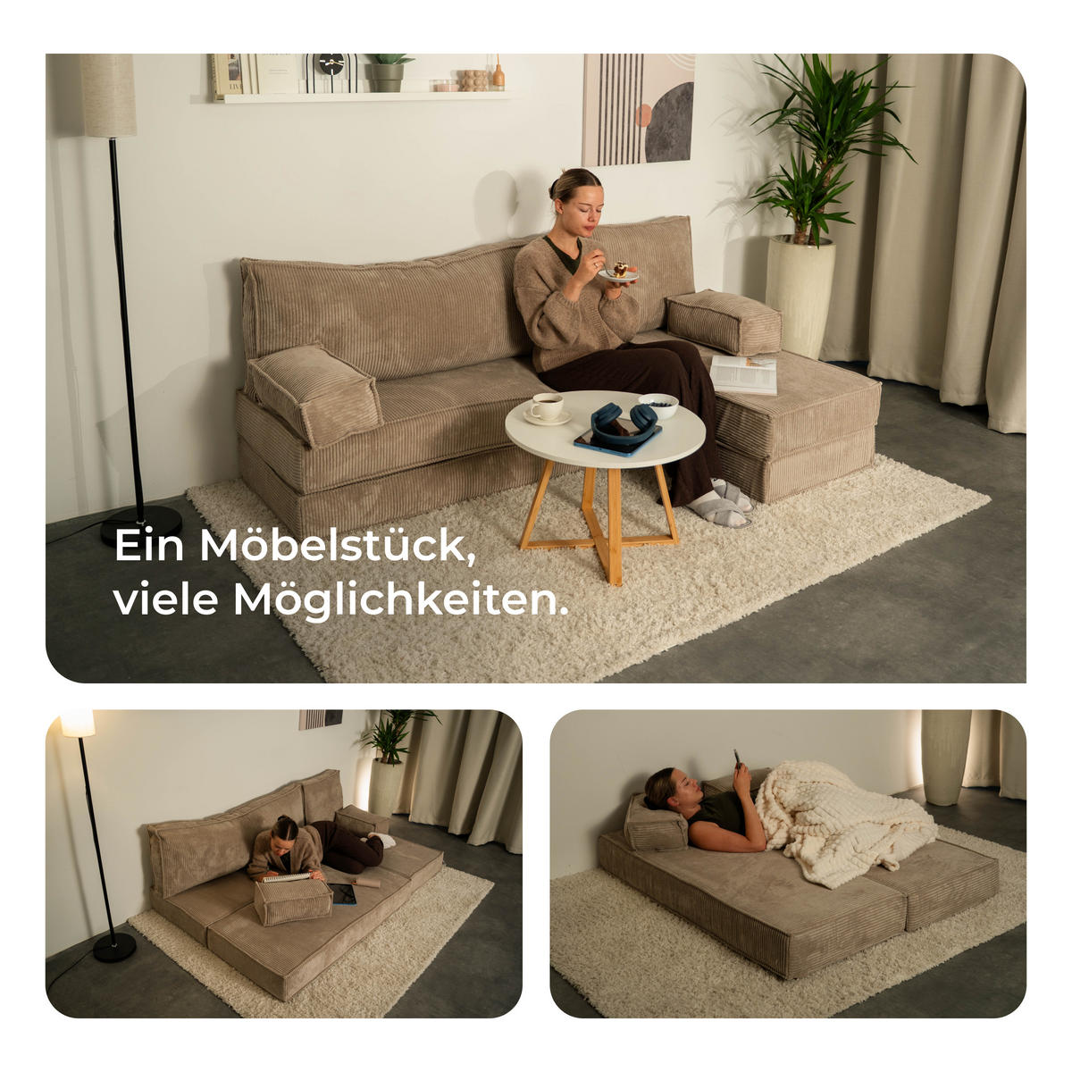 ECKSOFA NOTIA modulares Boneless Sofa mit Schlaffunktion Hellgrau Cordstoff - Hellgrau, Textil (200/120cm) - MASSENO
