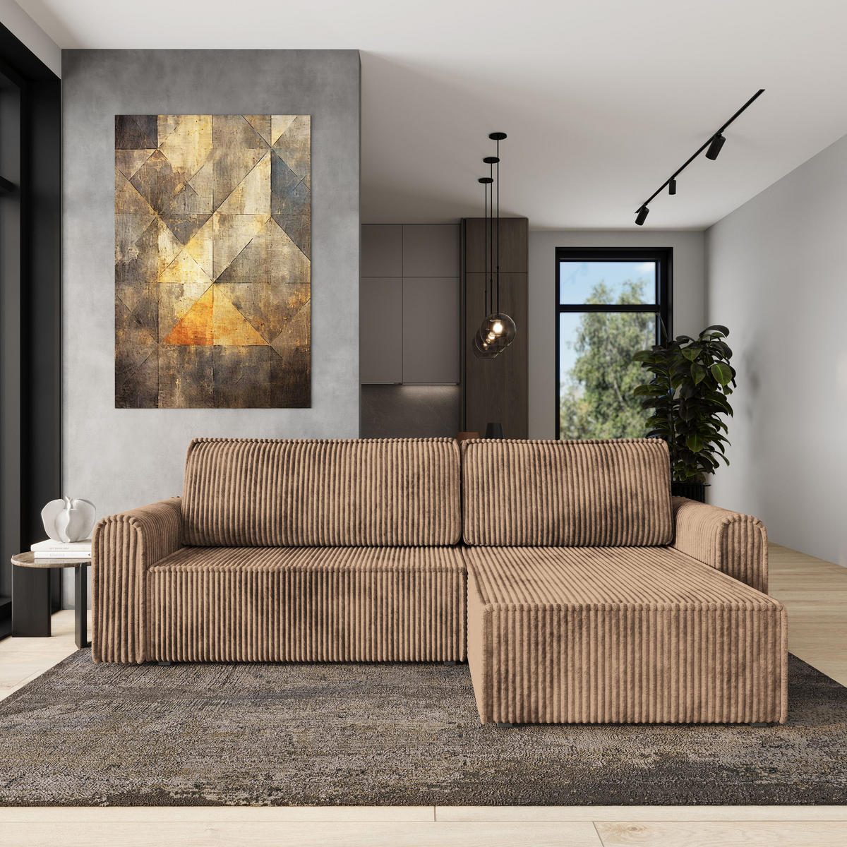 ECKSOFA VALTINO Beige Kordstoff mit Schlaffunktion - Beige, Holz (275/148cm) - MASSENO