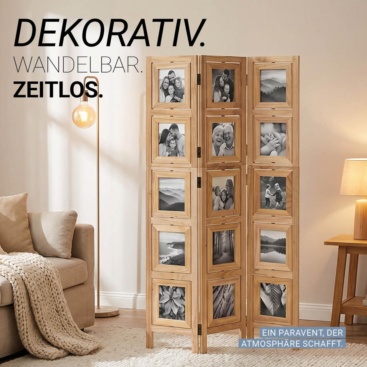 PARAVENT 3-tlg. 93/161 cm Hellbraun Fotowand - Hellbraun, Holz (93/160/2cm) - Homestyle4u