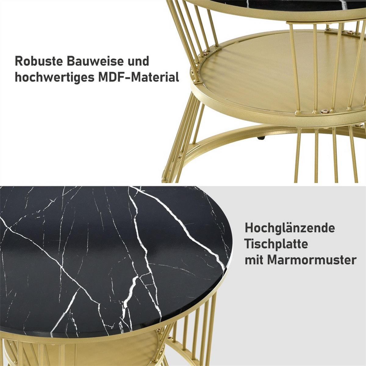 COUCHTISCH 2er Set - Runder Couchtisch 70 cm & 45 cm - Ineinander Schiebbar Marmoroptik - Gold & Schwarz - Schwarz, Holzwerkstoff (70/70/45.5cm) - DELFA