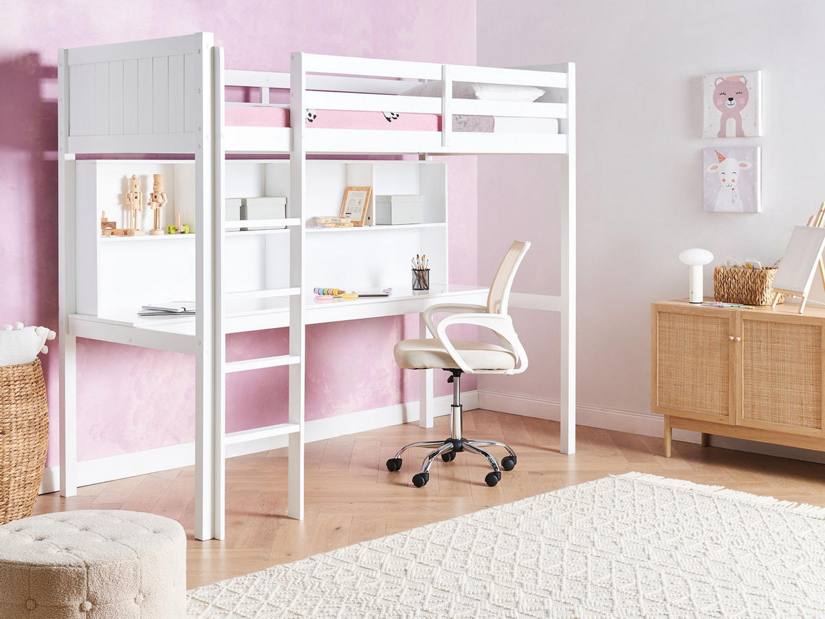 HOCHBETT MIT SCHREIBTISCH 90x200 cm Weiß Foucamont - Weiß, Holz (90/200cm) - Beliani
