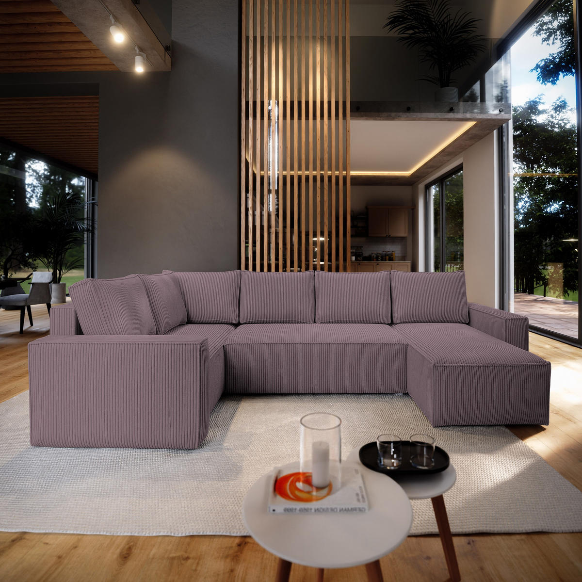 ROHOVÁ SEDAČKA NORENA fialová - šedá/fialová, dřevo/textil (295/157.5cm) - MASSENO