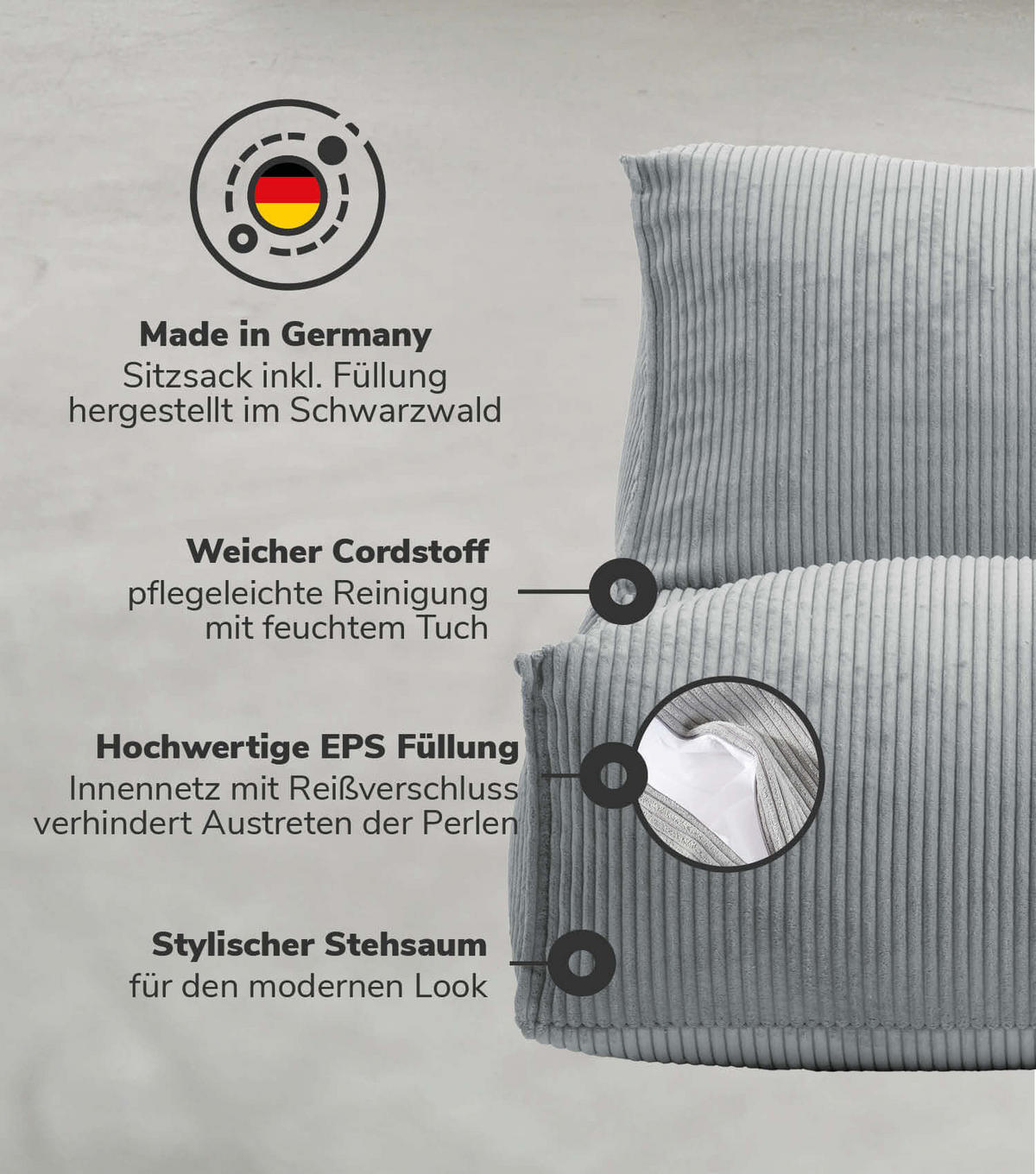 SITZSACK mit Hocker Der Gelassene - Grau, Textil (65/65/155cm) - Mokebo