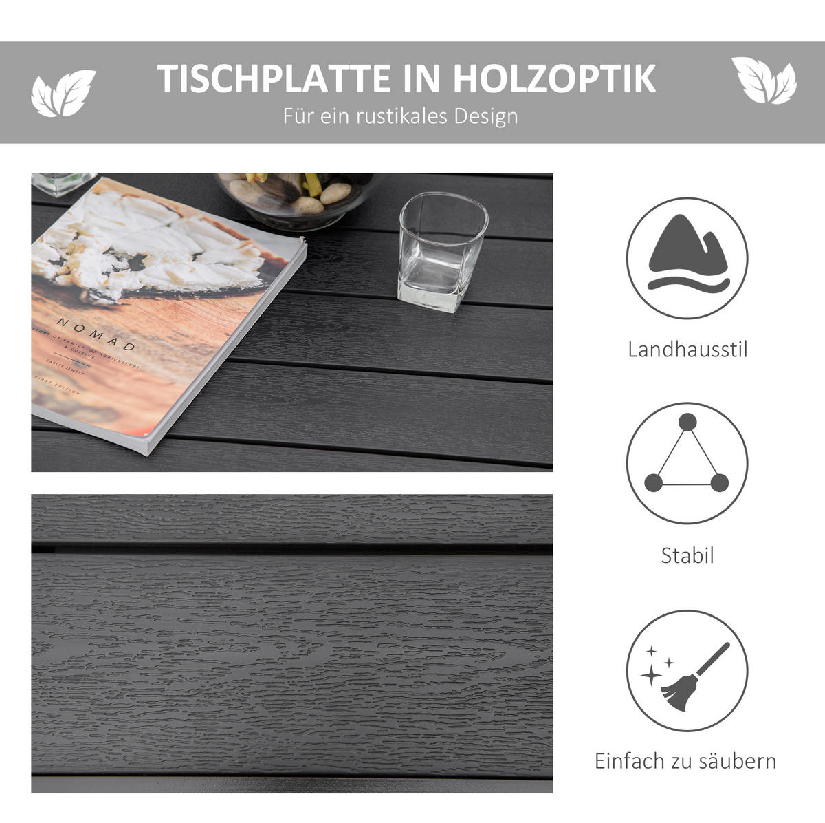 GARTENTISCH 78/78/74 cm aus Aluminium mit Tischplatte in Holzoptik, Schwarz - Naturfarben, Metall (78/78/74cm) - Redom