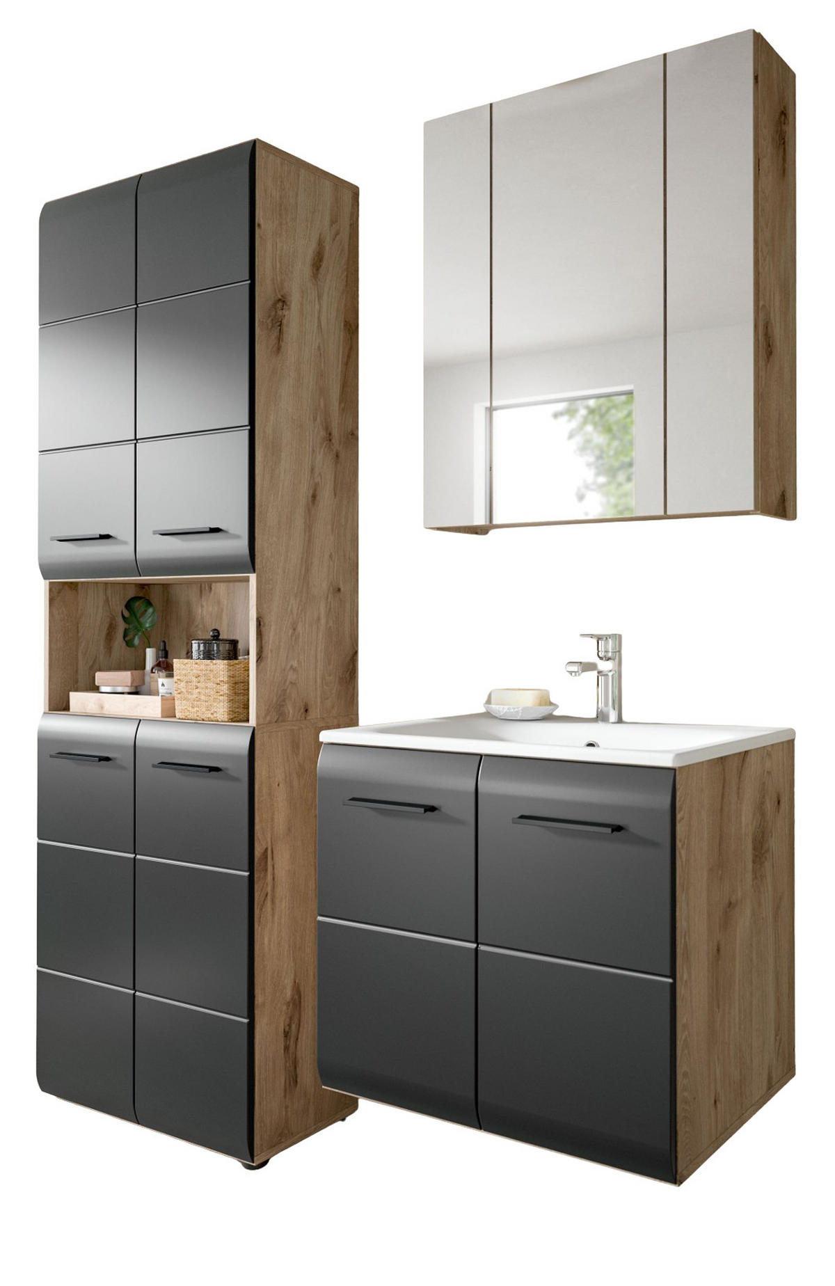 BADMÖBEL-SET 3-teilig schwarz matt, Nox Eiche, Badkombination 135 cm inklusive Waschbecken - Eichefarben/Schwarz, Glas/Holzwerkstoff (135/185/46cm) - Inn.Furn