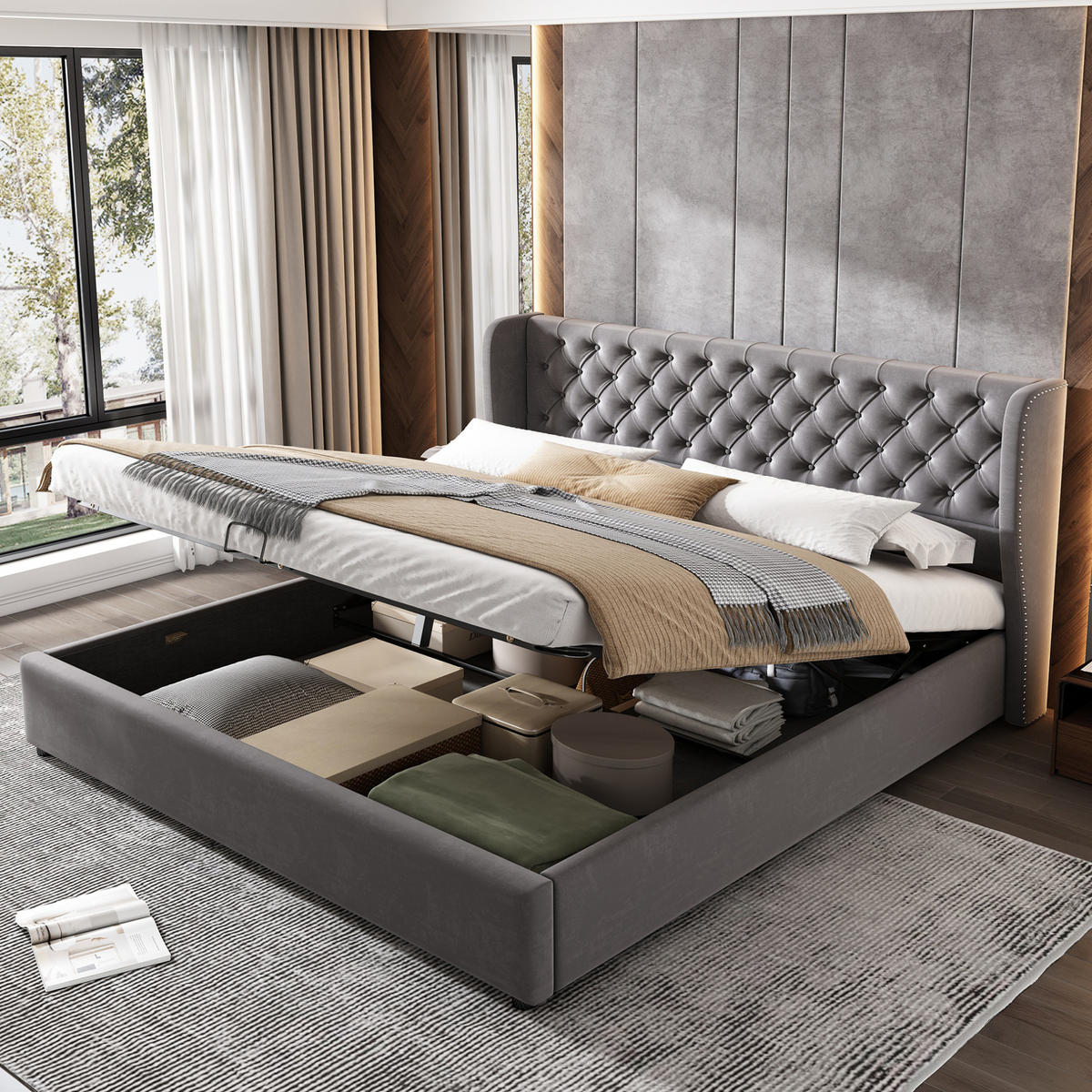 POLSTERBETT 160/200 cm mit hydraulischem Bettkasten, Chesterfield-Kopfteil 99 cm, Grau - Grau, Textil (160/200cm) - Redom