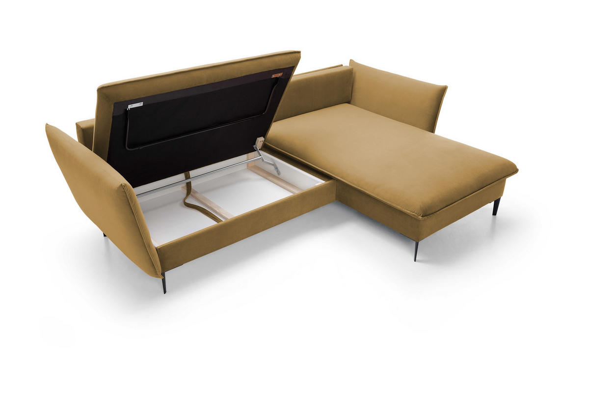 ECKSOFA GLOSS mit Schlaffunktion, Ottomane & goldenen Füßen – Samtsofa im GLOSSour-Stil mit Zierkissen, 258x167x91 cm, Rechte, LILA - Bordeaux, Holz/Textil (258/167cm) - DomoHome