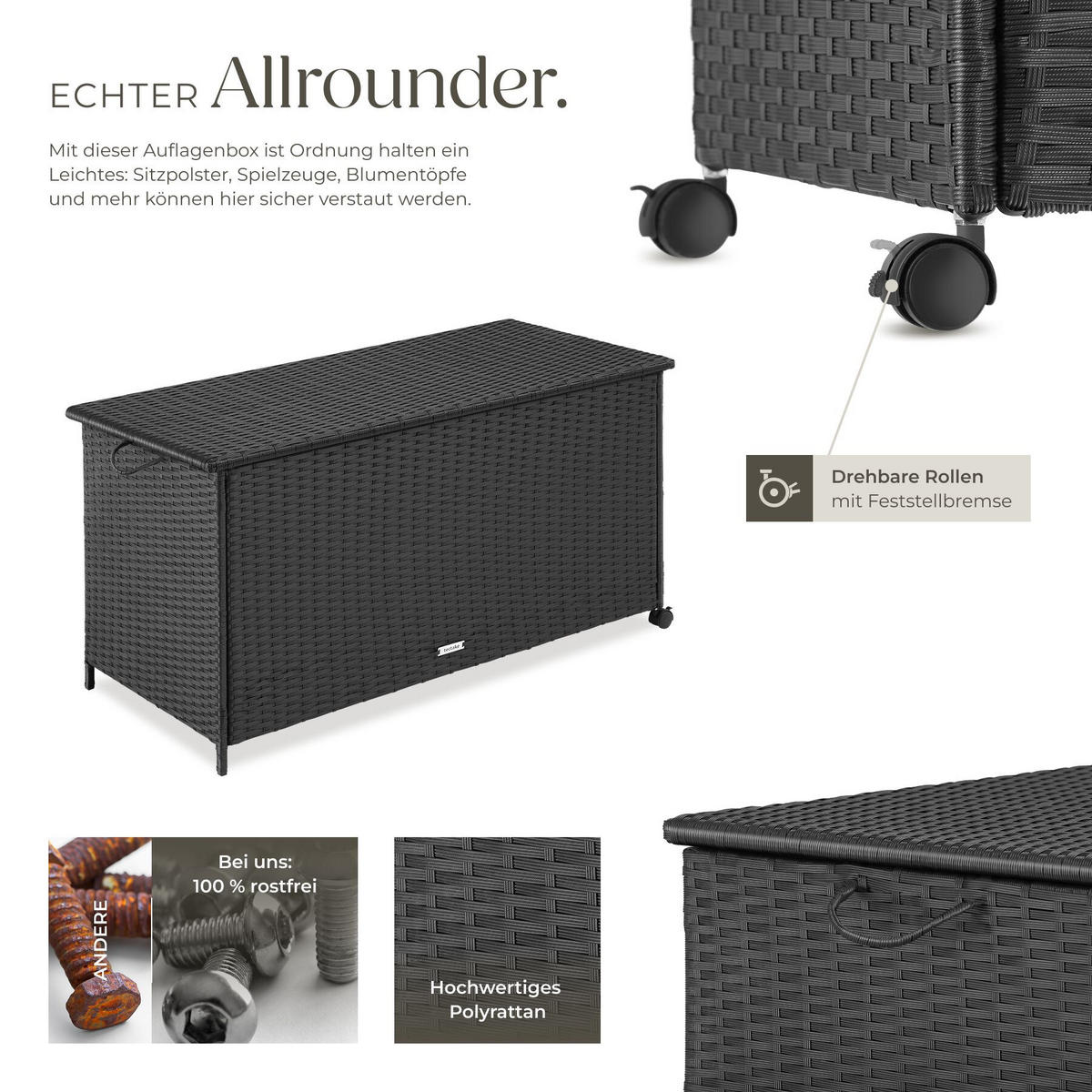 AUFLAGENBOX Kuusamo, 116 x 54 x 64 cm, schwarz - Schwarz, Kunststoff (116/64/54cm) - tectake