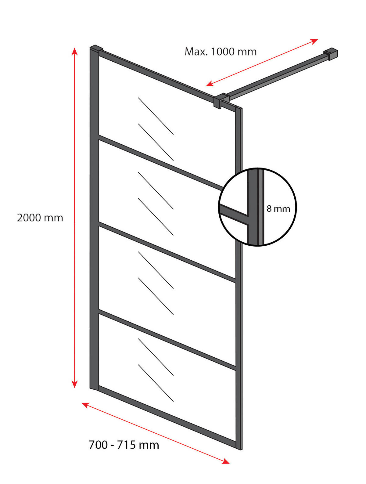 DUSCHWAND Essos - 70 x 200 cm - Schwarz - Walk-In Duschabtrennung aus Rauchglas - Anthrazit/Schwarz, Glas (70/200cm) - Badplaats