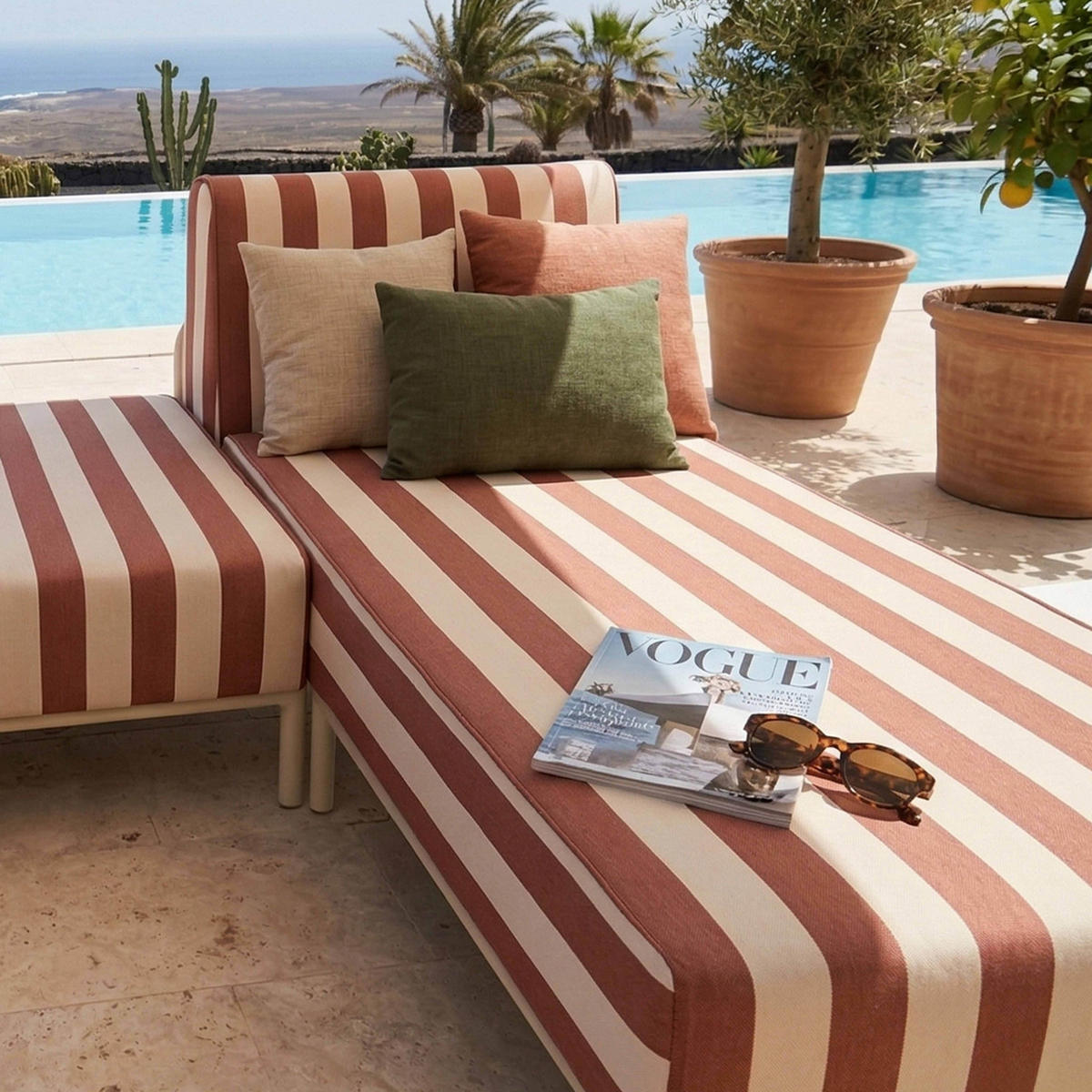 GARTENSOFA mit 3 Sitzplätzen, Terrakotta - Rot, Textil (128/78/144cm) - Oviala
