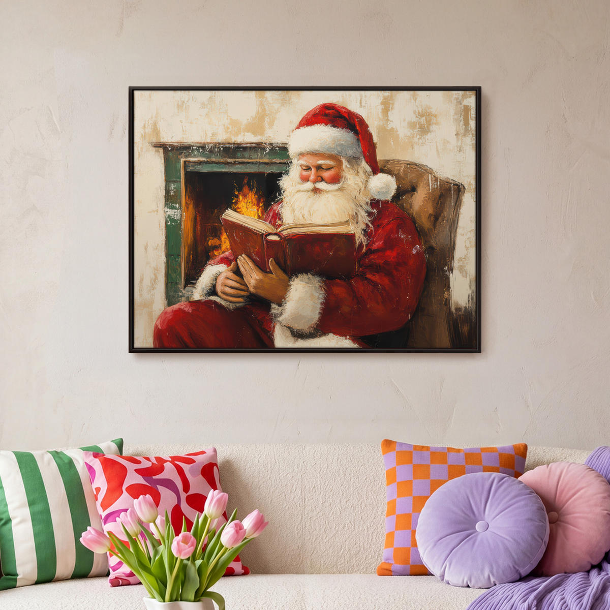 LEINWAND Bilder mit Rahmen - Weihnachten - Weihnachtsmann - Winter - Open Fireside - 80x60 - Dunkelrot, Textil (80/60cm) - MuchoWow
