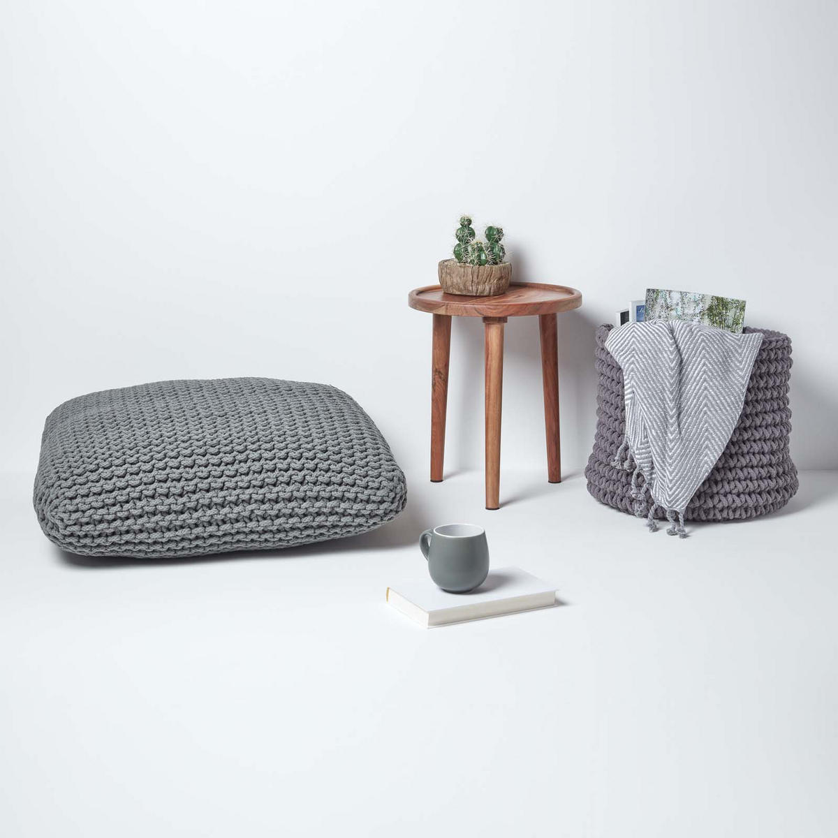 STRICK-POUF grau, Bodenkissen 70/70/20 cm - Grau, Textil (70/20/70cm) - Homescapes