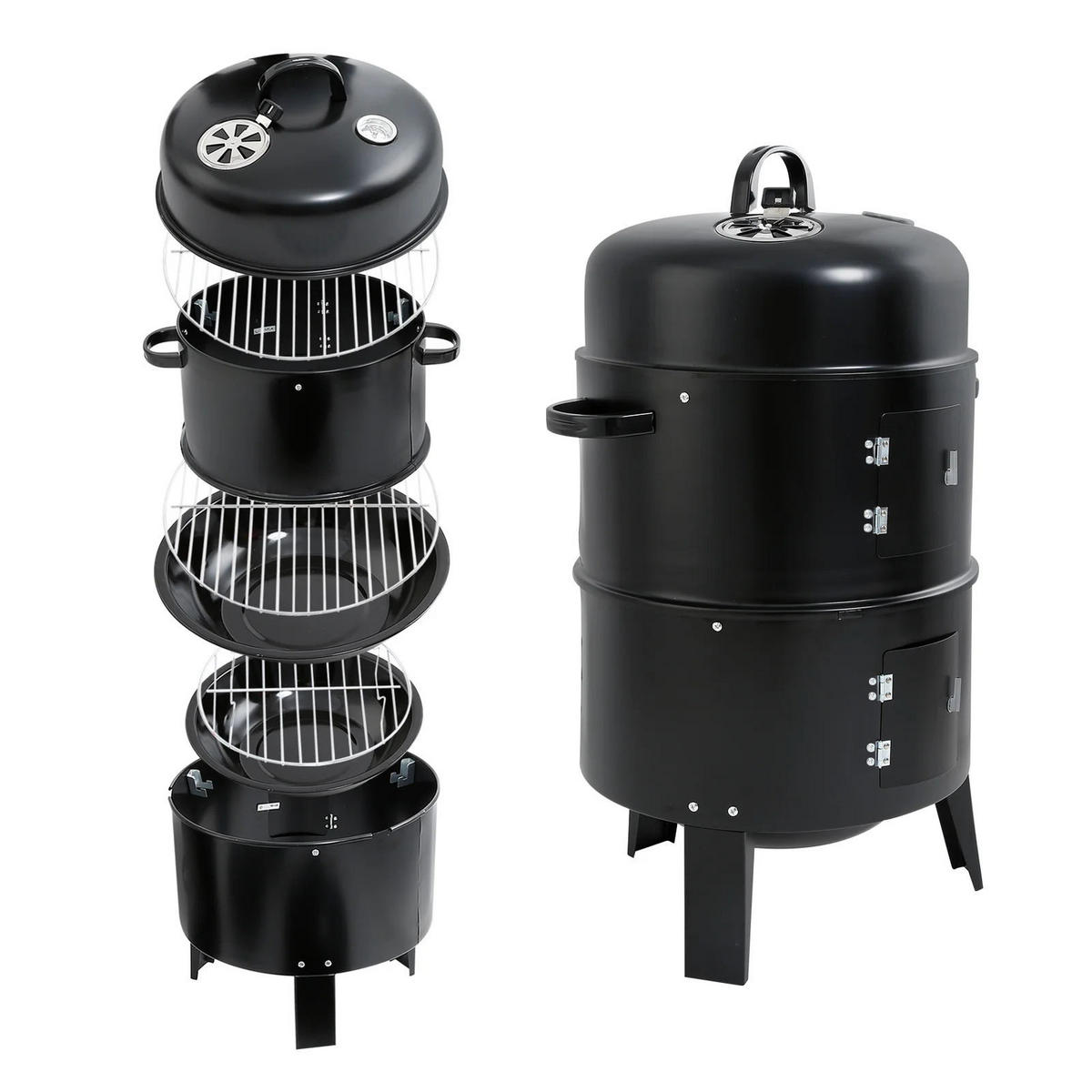 BBQ-SMOKER 3-in-1-Smoker Holzkohlegrill Räuchergrill aus Stahlblech Schwarz mit 2 Prüftüren abnehmbar 40×40×80 cm - Schwarz, Metall (80/40cm) - Livingandhome