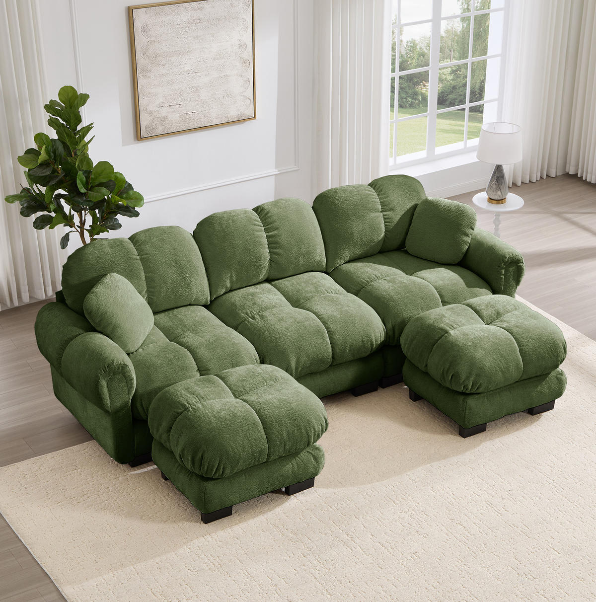 SOFA U-Form 3-Sitzer mit Hocker Chenille Grün - Grün, Holz (149/90/260.1cm) - Meubliv