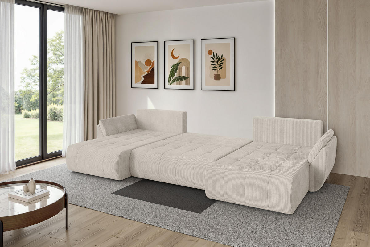SEDACÍ SOUPRAVA DO U s funkcí spaní a úložným prostorem TOKO-U 378x194x86 krémová manšestr - černá/krémová, kompozitní dřevo/textil (378/86/194cm) - ALTDECOR