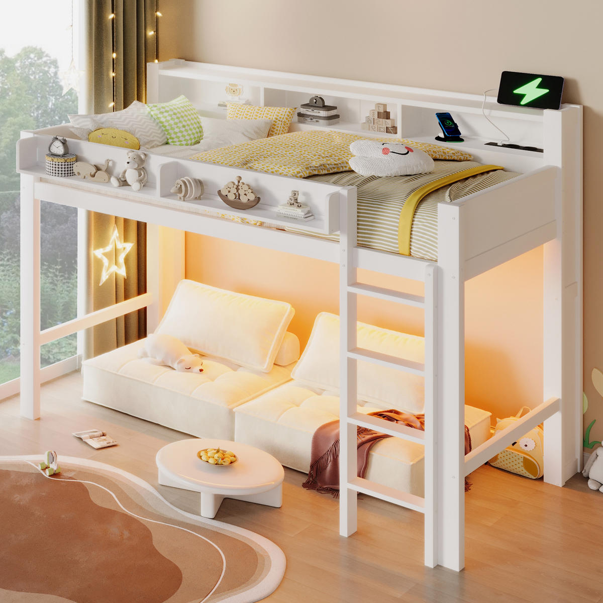 HOCHBETT 90/200 cm in Weiß mit 3 Schränken, LED und USB - Weiß, Holzwerkstoff (90/200cm) - STILVORA