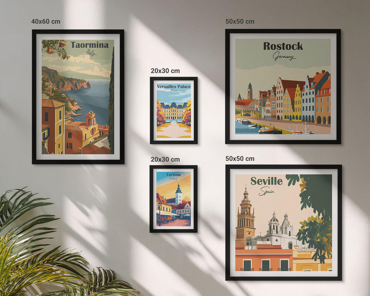 BILDER SET 5er Set - 50x50 cm & 20x30 cm & 40x60 cm Schwarzer Rahmen - Retro-Stadtgrafiken - Schwarz, Kunststoff (40/60cm) - TULUP