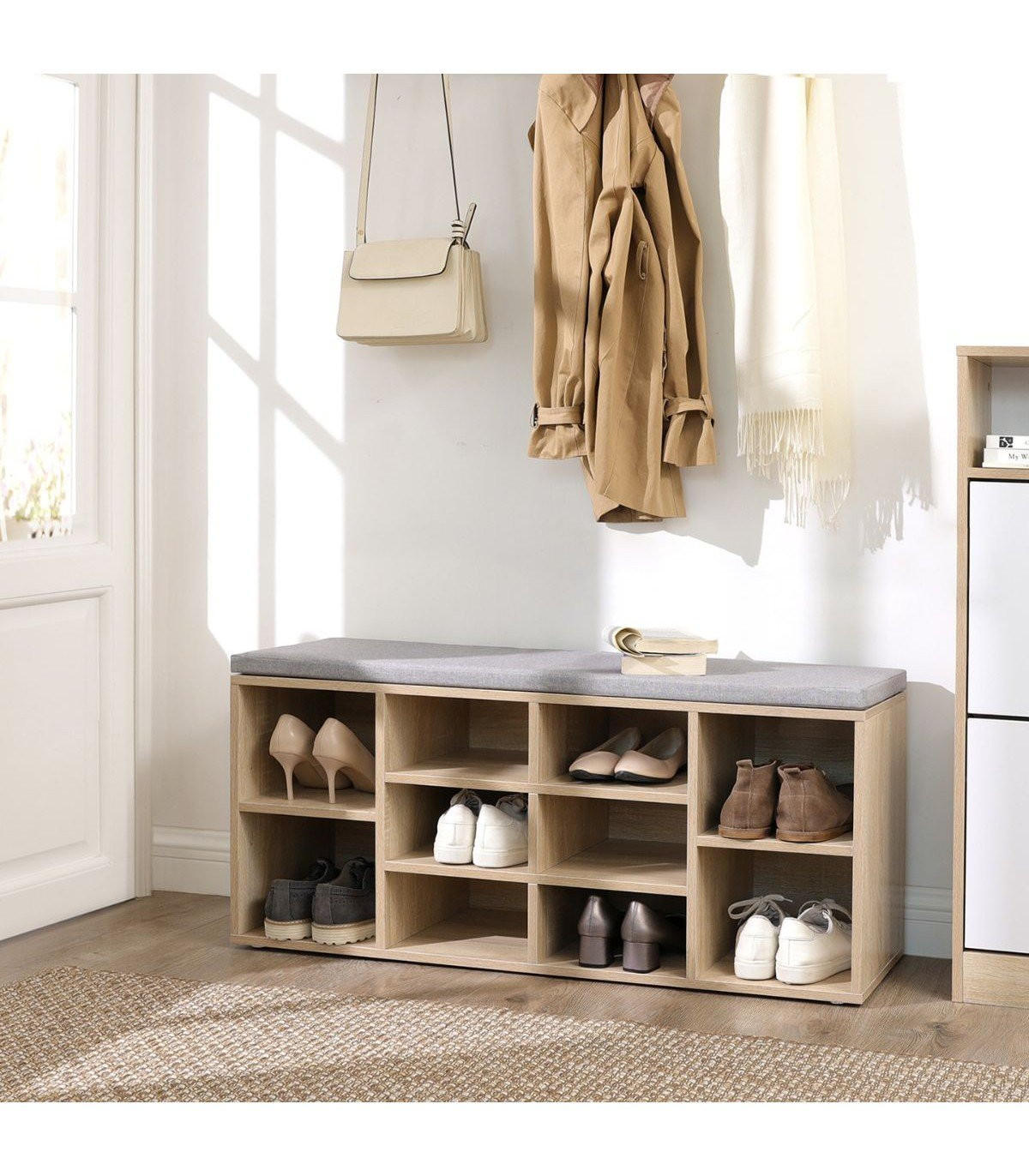 SCHUHBANK mit 10 Nischen Holzdekor - L104 cm - Grau, Holzwerkstoff (30/48/104cm) - Calicosy