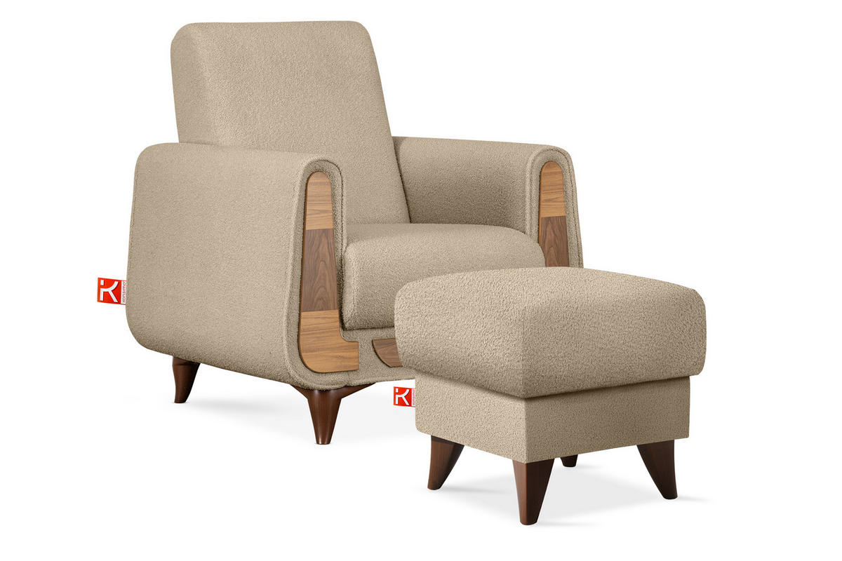 HOCKER GUSTAVO Fußstütze, Bouclé, Beige - Beige, Holz/Holzwerkstoff (53/49/53cm) - KONSIMO®