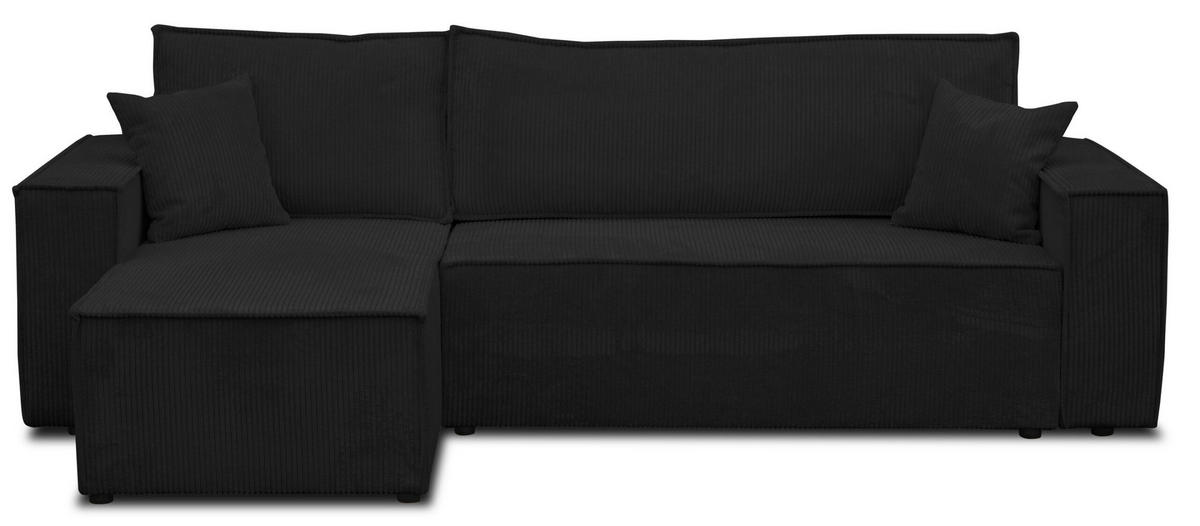 ECKSOFA Hugo L in L-Form mit Schlaffunktion und Bettkasten, Farbe: Schwarz, Cordstoff, Ottomane Unsiversal - Schwarz, Textil (244/145cm) - VENASI MÖBEL