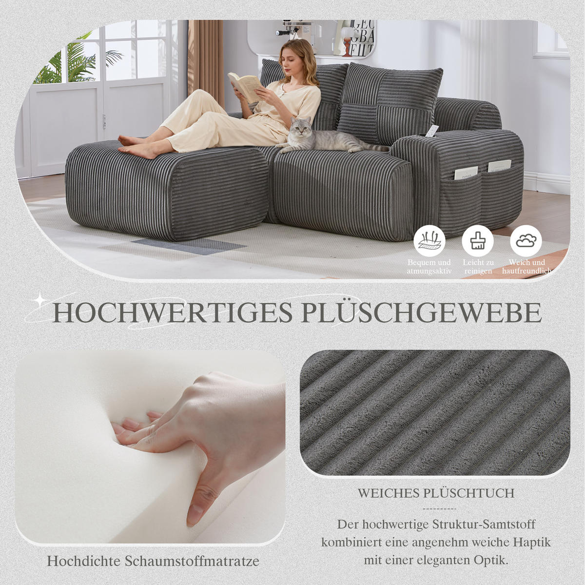 MODULARES 2-Sitzer Cordsofa mit Hocker Getränkehalter und Seitentasche 200/174/80 cm Dunkelgrau - Dunkelgrau, Textil (174/200cm) - Redom