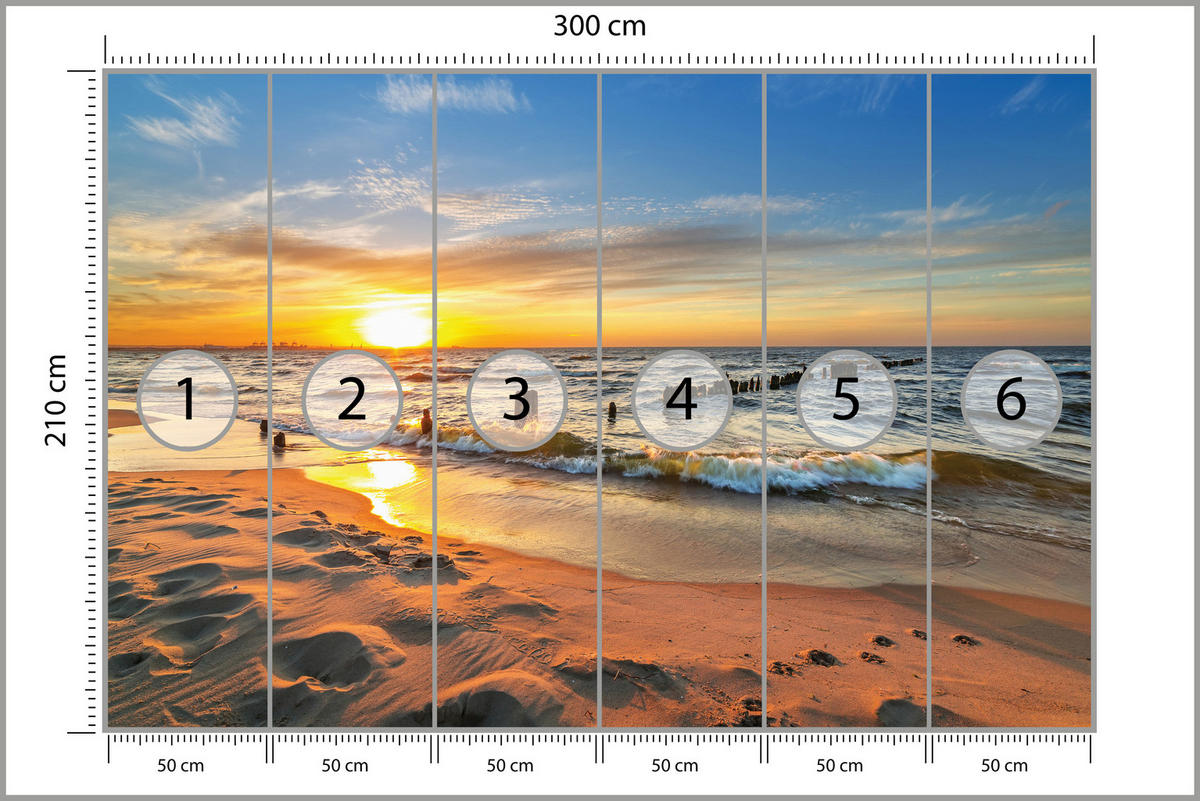 FOTOTAPETE für Wohnzimmer Sonnenuntergang Meer Landschaft Strand 300x210 - Beige/Orange, Papier (300/210cm) - Muralo