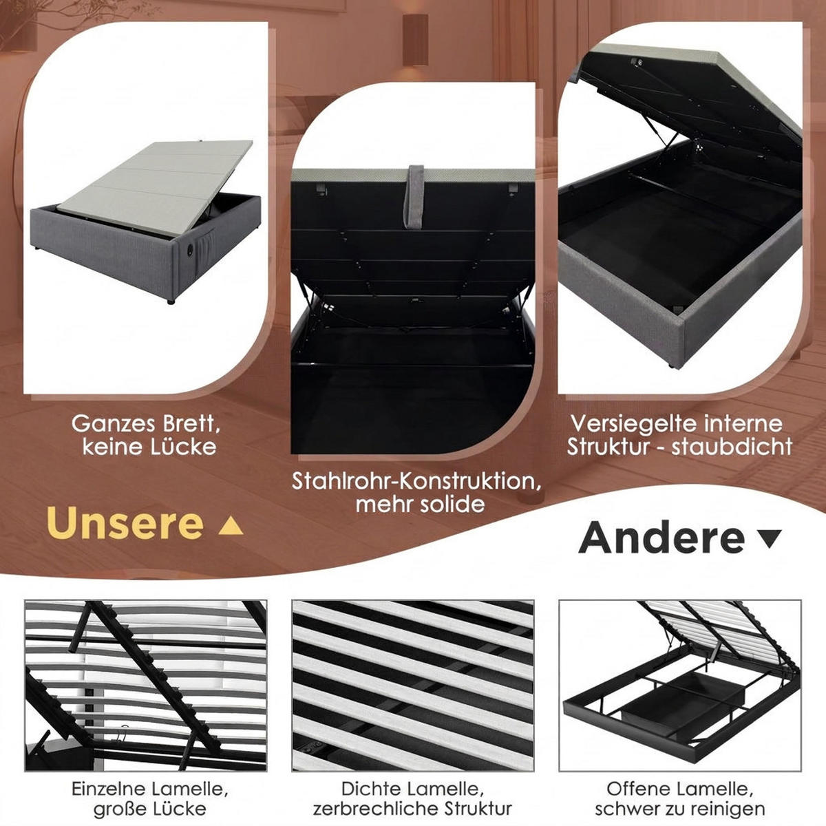POLSTERBETT 140/200 cm Grau mit USB- C, Ohne Kopfteil - Grau, Textil (140/200cm) - Oxeza