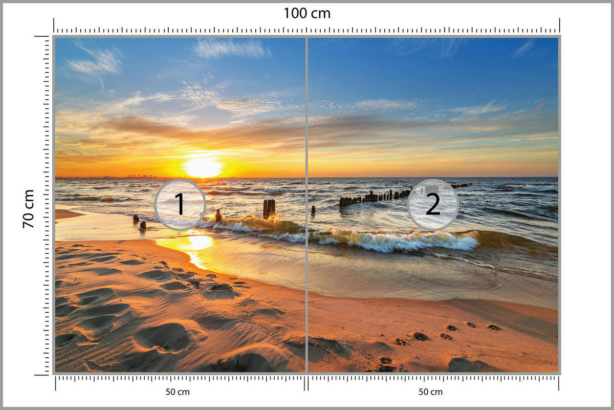 FOTOTAPETE für Wohnzimmer Sonnenuntergang Meer Landschaft Strand 100x70 - Beige/Orange, Papier (100/70cm) - Muralo