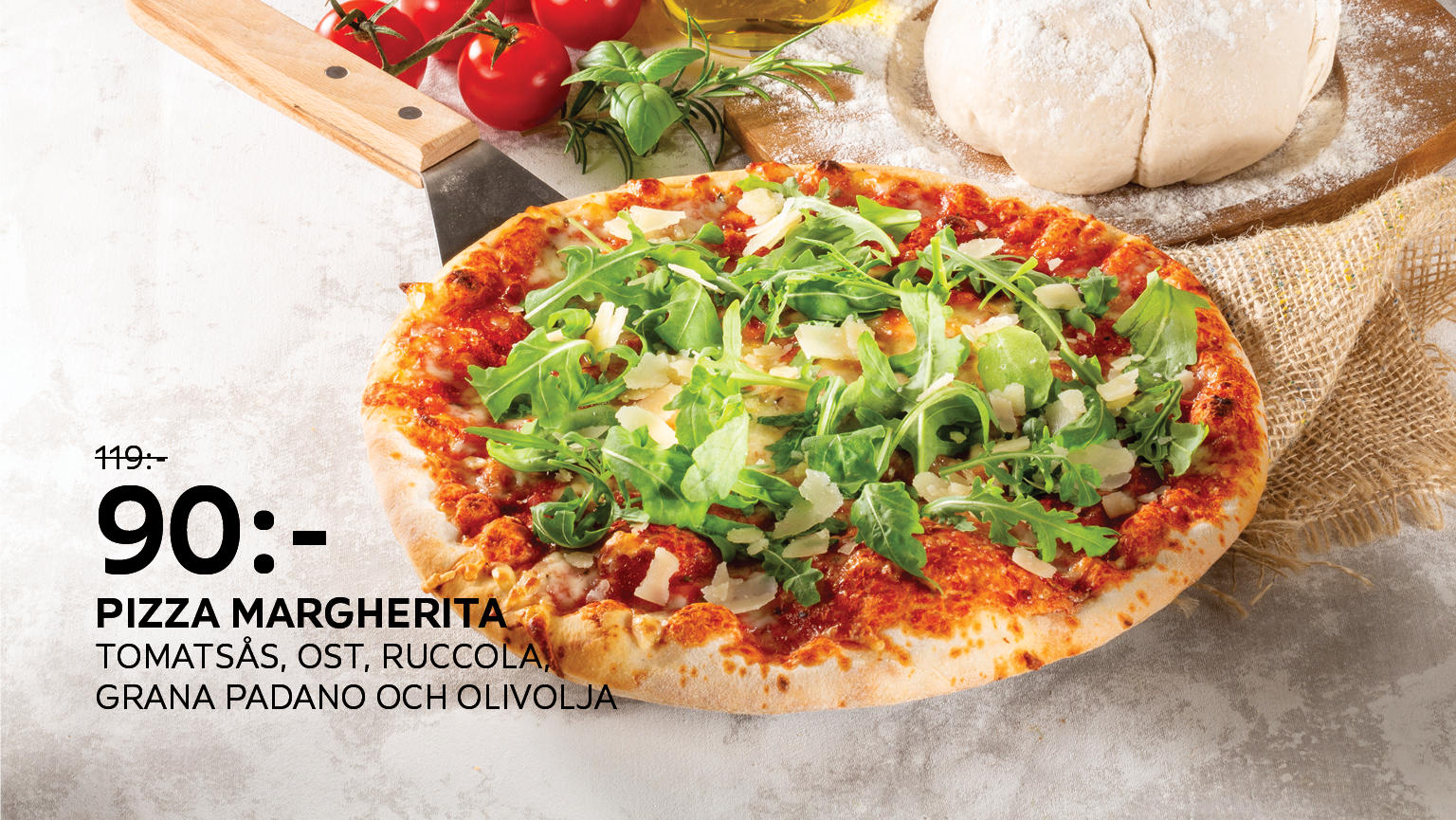 Pizza Margherita Tomatsås, ost, ruccola, Grana Padano och olivolja