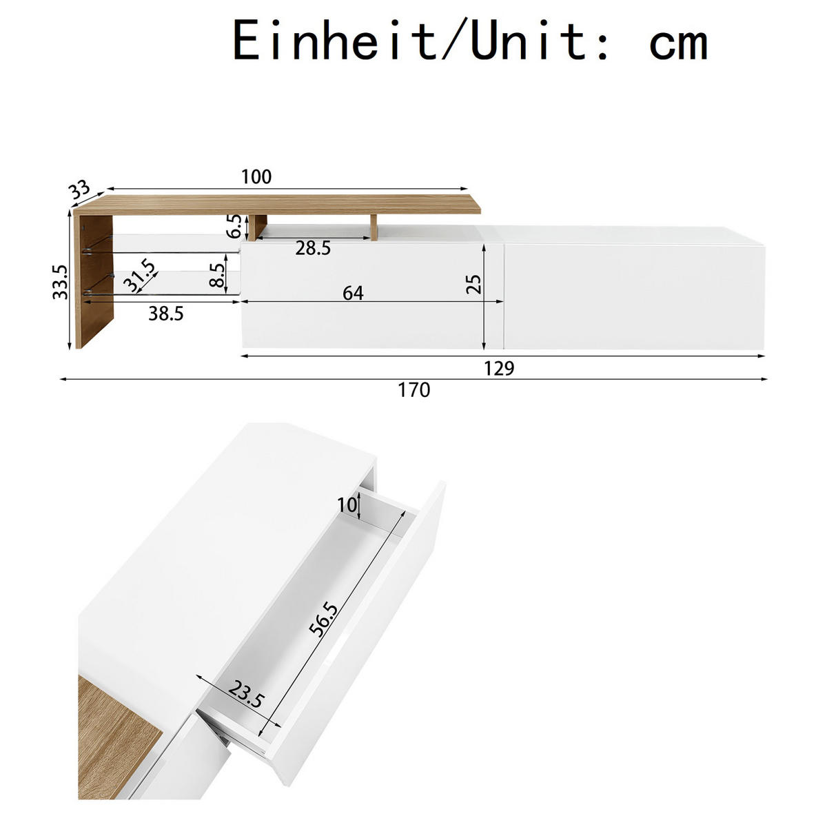 TV Lowboard LED, Holzoptik, Glasregale, Weiß - Weiß, Holz (170/33.5/33cm)