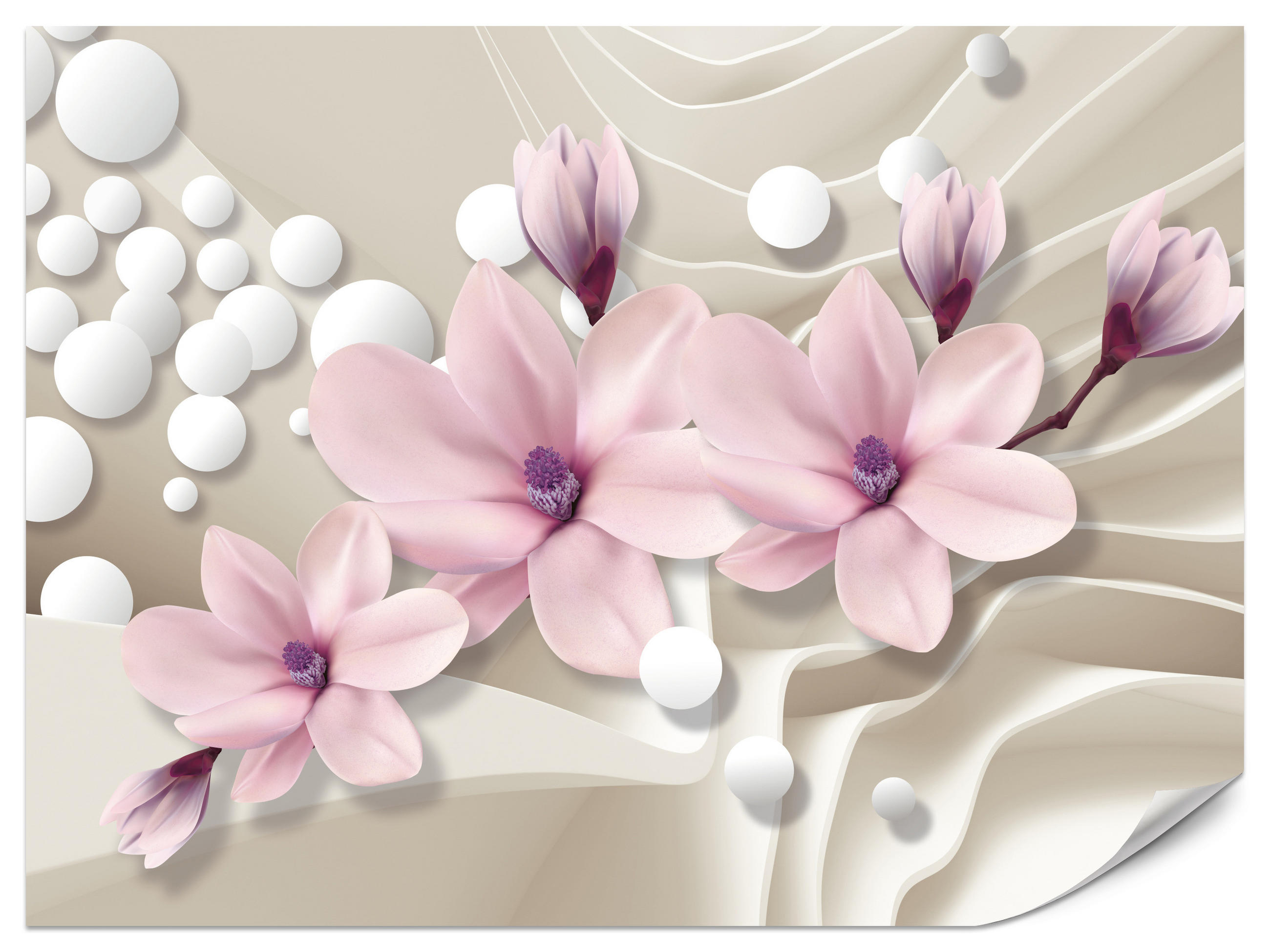 FOTOTAPETA Pre Obývaciu Izbu KVETY Magnólie RUŽOVÁ Vlnité Priestorové Pozadie 350 x 256 cm - biela/ružová, papier (350/256cm) - Muralo