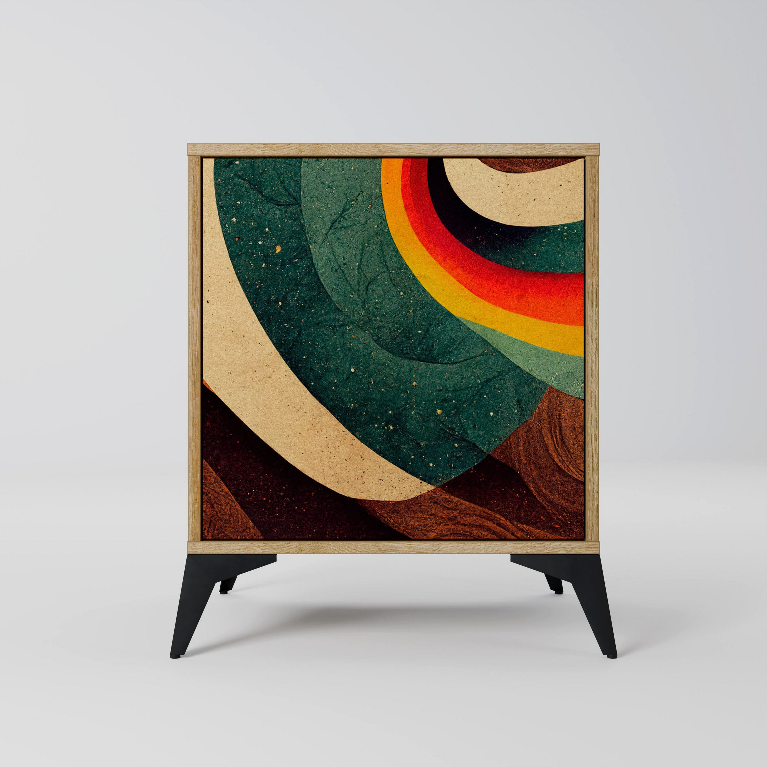 SIDEBOARD COLORFUL STRANDS, Eichefarben, 57,5x42x70,5 cm, Schwarze Metall-Sternfüße - Eichefarben/Multicolor, Holzwerkstoff/Metall (57.5/70.5/42cm) - SpaceRebels