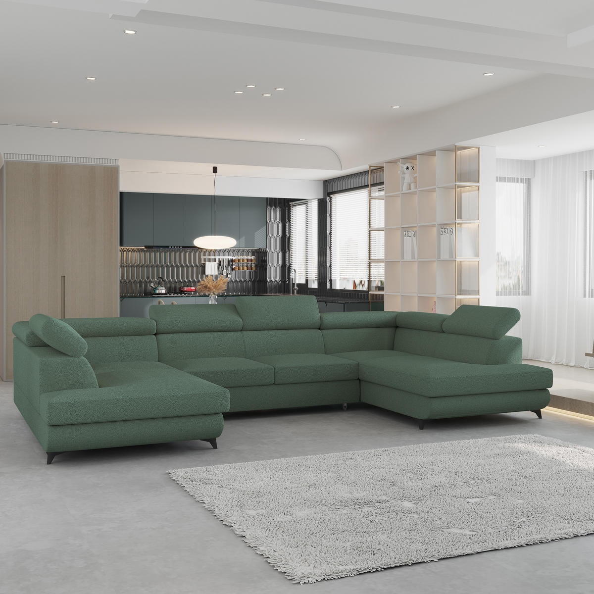 WOHNLANDSCHAFT VINTESSA Grün Boucle-Stoff mit Schlaffunktion - Grün, Holz (323/89/190cm) - MASSENO