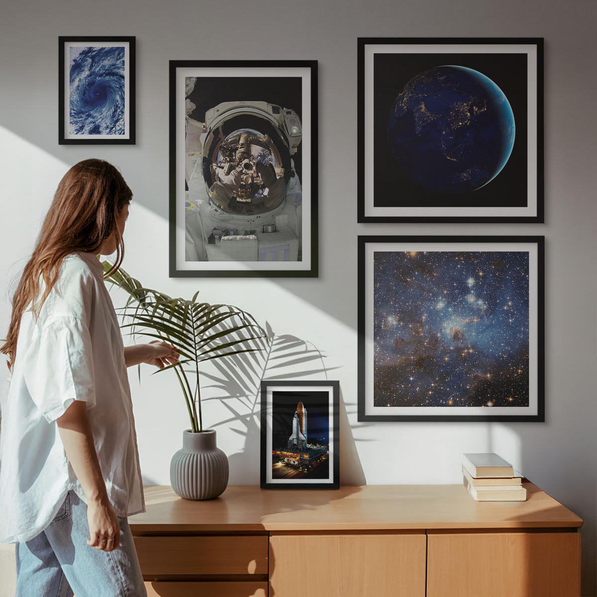 BILDER SET 5er Set - 50x50 cm & 20x30 cm & 40x60 cm Schwarzer Rahmen - Weltraum Erde Astronaut Rakete - Schwarz, Kunststoff (40/60cm) - TULUP