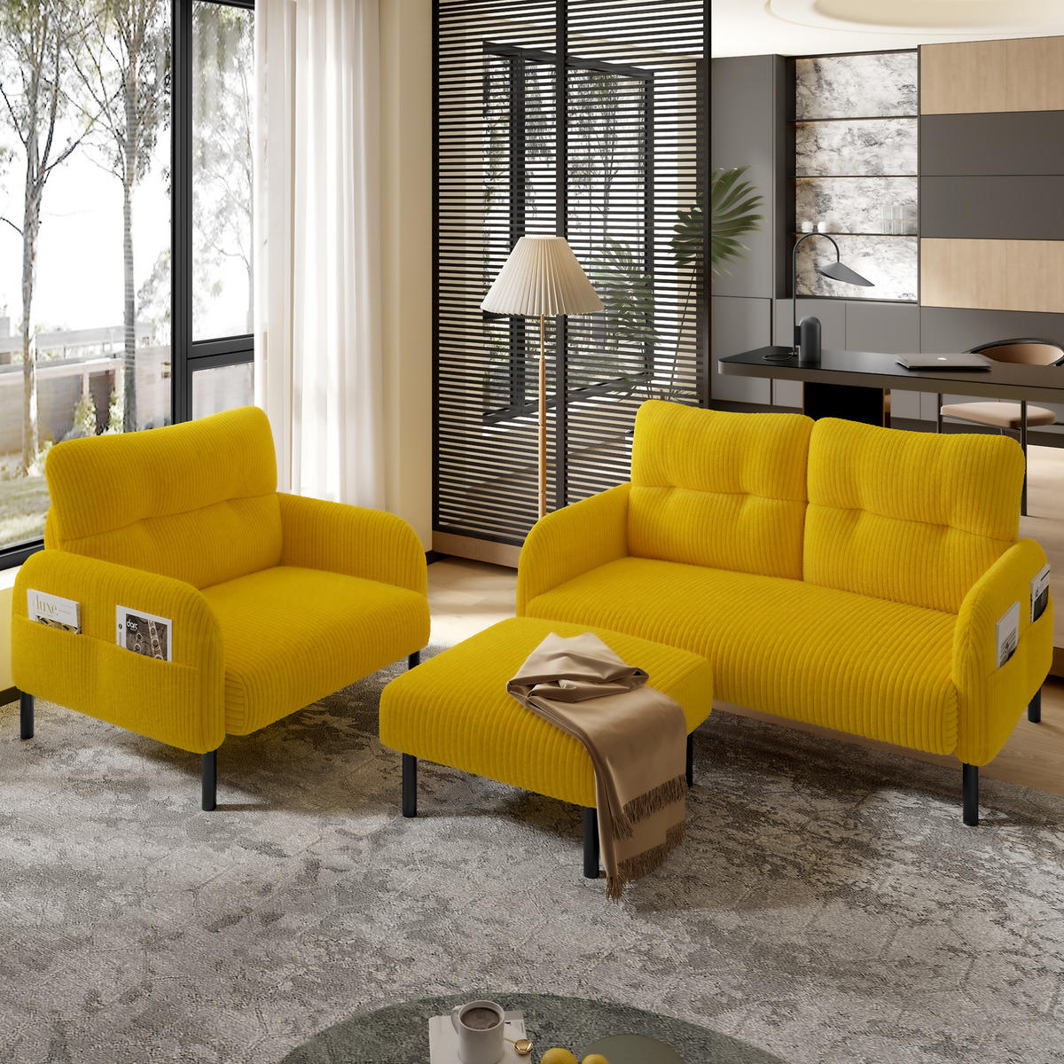 SESSEL 67/75/79 cm in Gelb aus Cord mit Seitentasche - Gelb, Textil (67/79/75cm) - BEAOK
