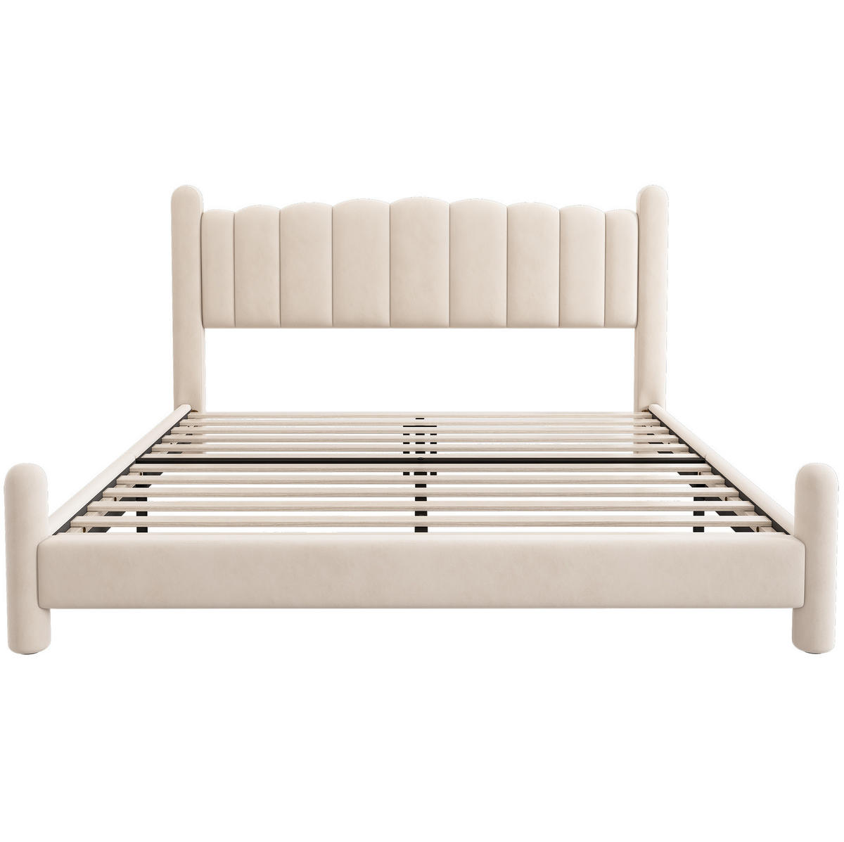 POLSTERBETT aus Samt 160x200 cm Beige mit Lattenrost, Wellen-Kopfteil und zylindrischen Beinen - Beige, Textil (160/200cm) - Modfu