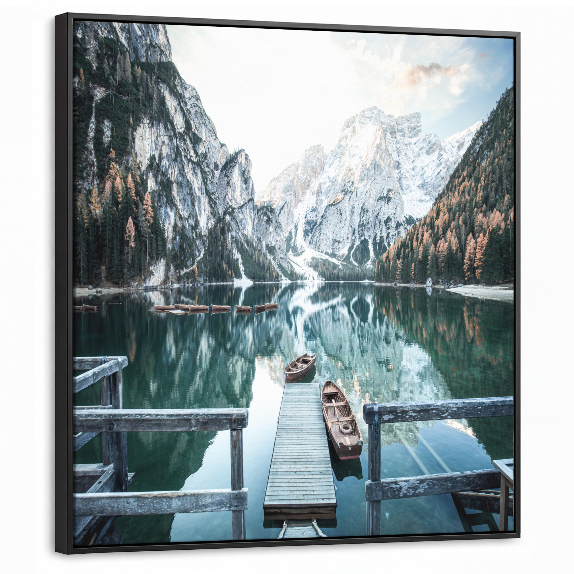 LEINWAND Bilder mit Rahmen - Natur - Berge - Schnee - Wald - Boot - 90x90 - Hellgrün, Textil (90/90cm) - MuchoWow