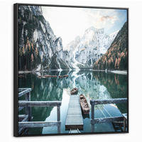 LEINWAND Bilder mit Rahmen - Natur - Berge - Schnee - Wald - Boot - 90x90 - Hellgrün, Textil (90/90cm) - MuchoWow