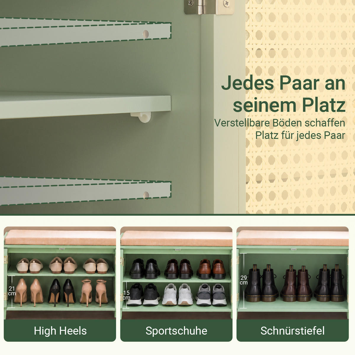 SCHUHBANK Grün, 100 cm breit, Rattangeflecht-Türen, Leinen-Sitzpolster, 2 Türen & 3 Schubladen, bis 150 kg, für Flur & Diele - Grün, Holzwerkstoff (100/46/34cm) - SoBuy